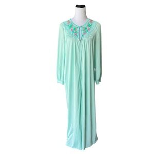 GOSSARD ARTEMIS Vintage 1970s Nightgown Zip Up Green Floral Embroidered Medium